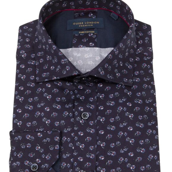 Guide London Navy Micro Floral Print Long Sleeve Button Up Shirt - Picture 1 of 2